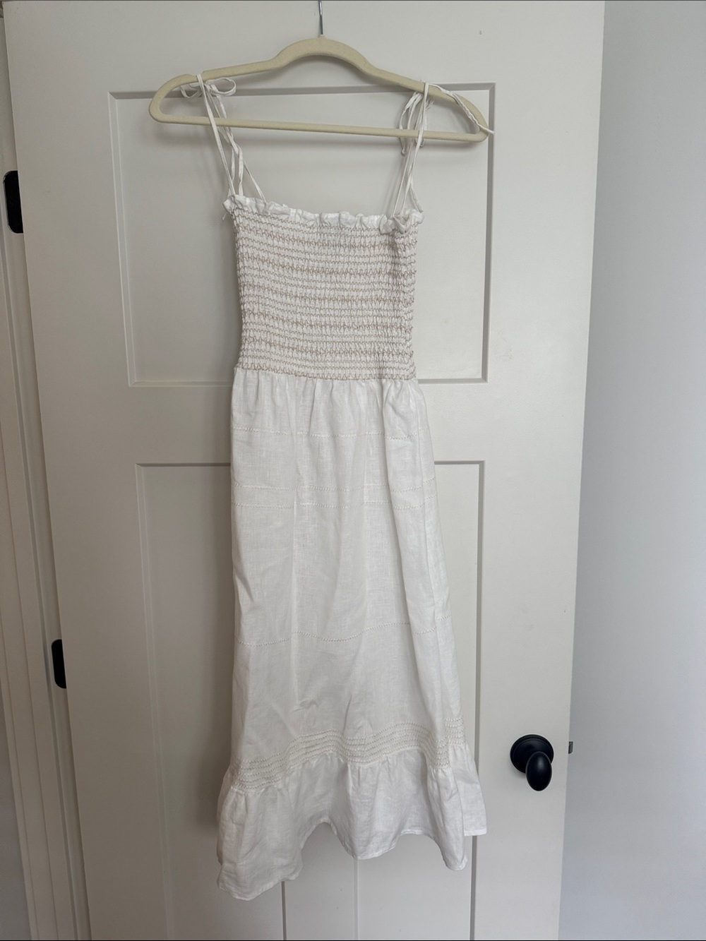Reformation White Smocked Midi Sundress with Tie Straps